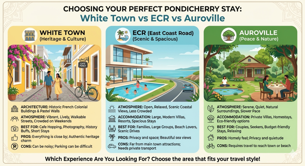 Best Area to Stay in Pondicherry White Town vs ECR vs Auroville